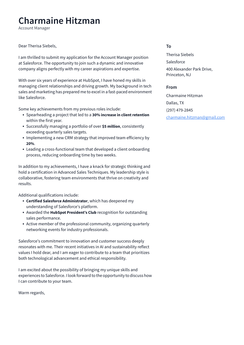 Account Manager Cover Letter Example