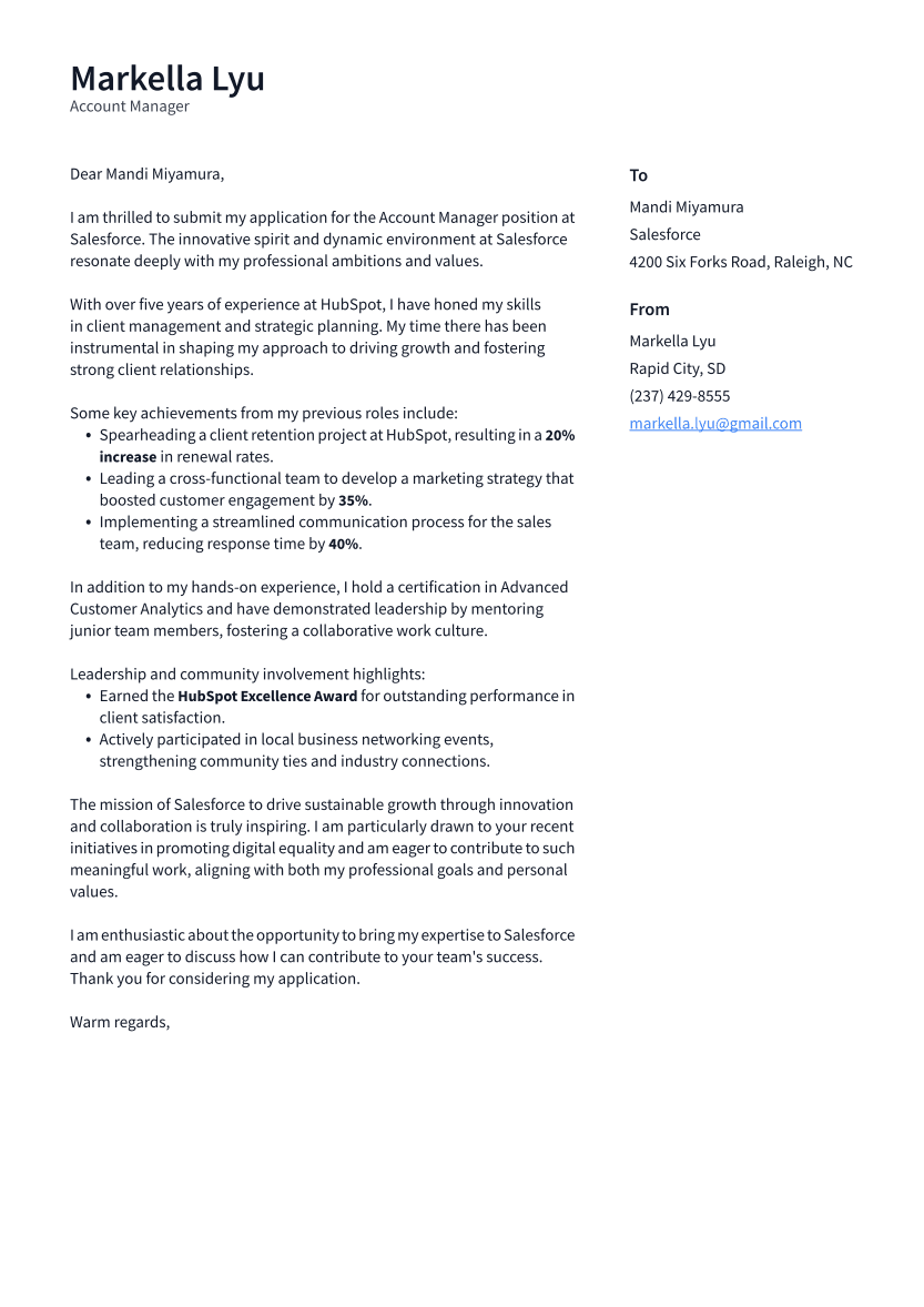 Account Manager Cover Letter Example