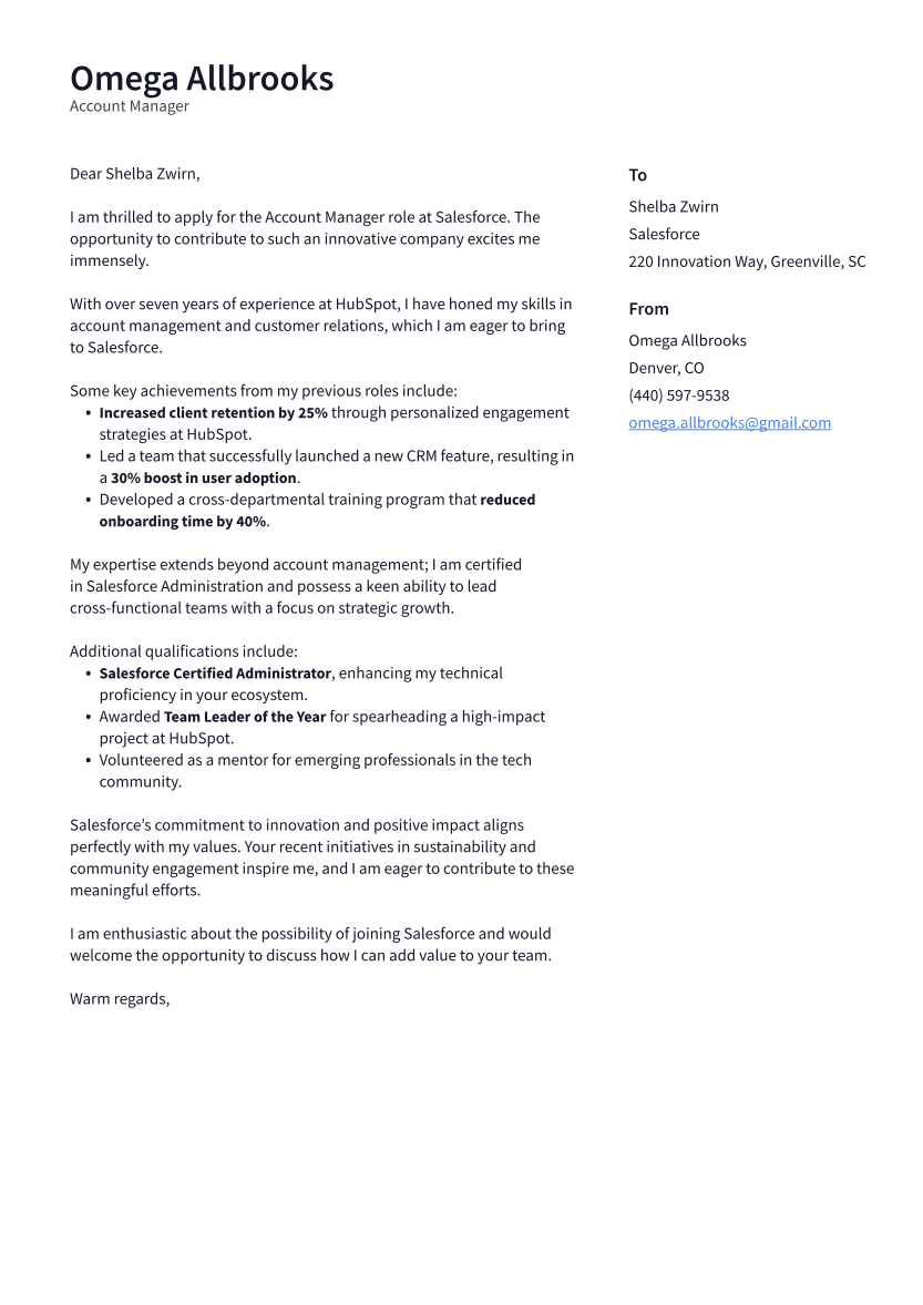 Account Manager Cover Letter Example