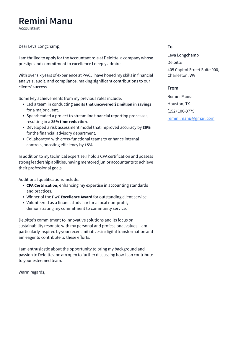 Accountant Cover Letter Example
