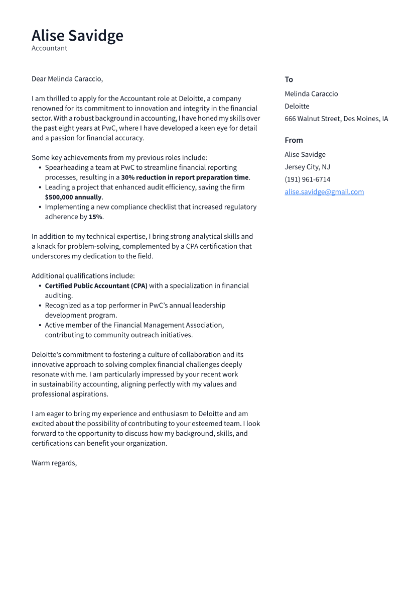 Accountant Cover Letter Example