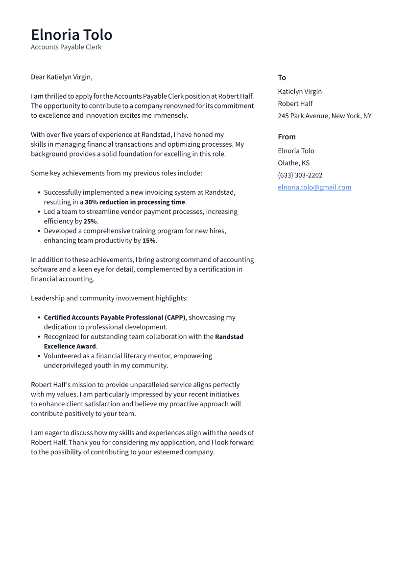 Accounts Payable Clerk Cover Letter Example