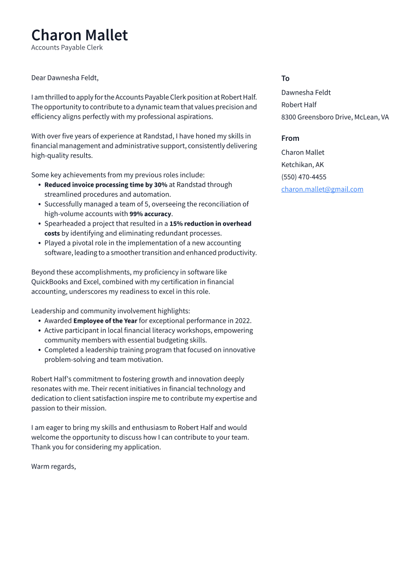 Accounts Payable Clerk Cover Letter Example