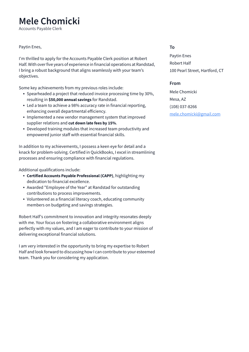 Accounts Payable Clerk Cover Letter Example