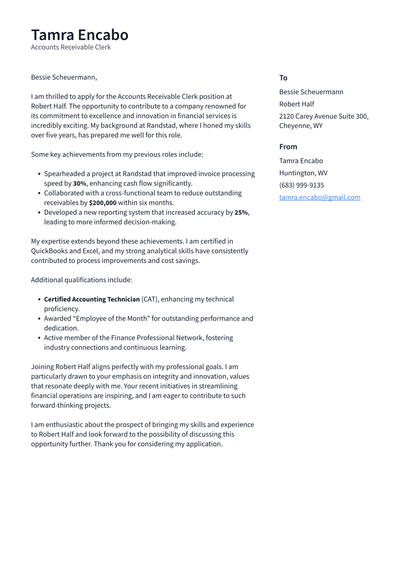 Accounts Receivable Clerk Cover Letter Example