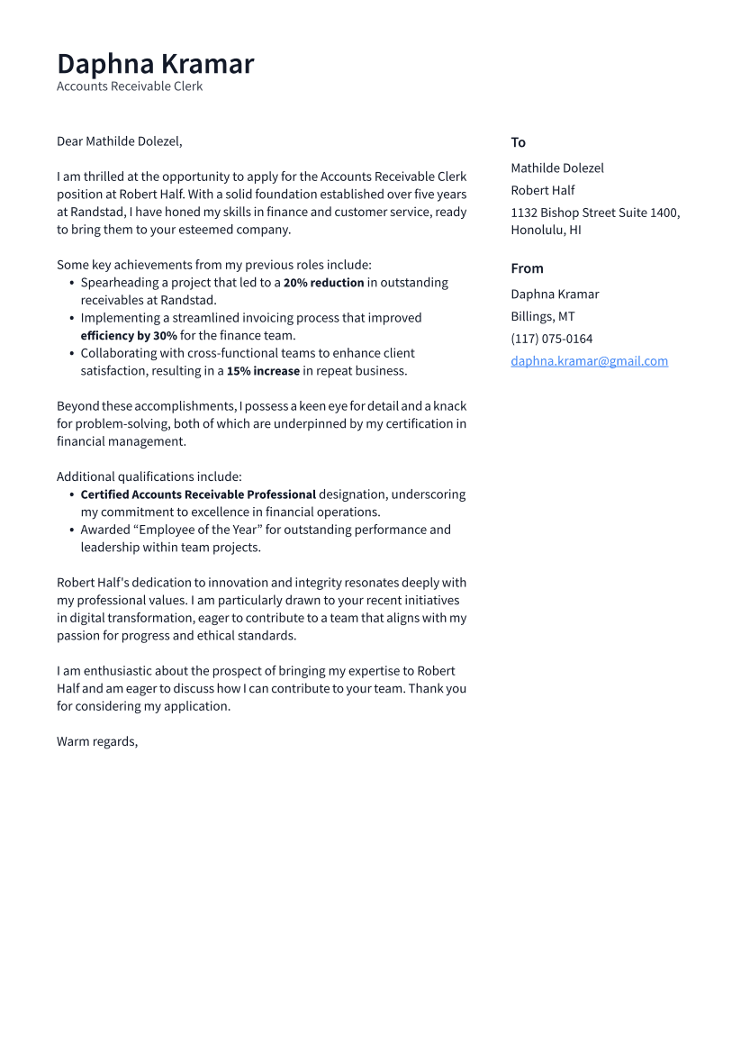 Accounts Receivable Clerk Cover Letter Example