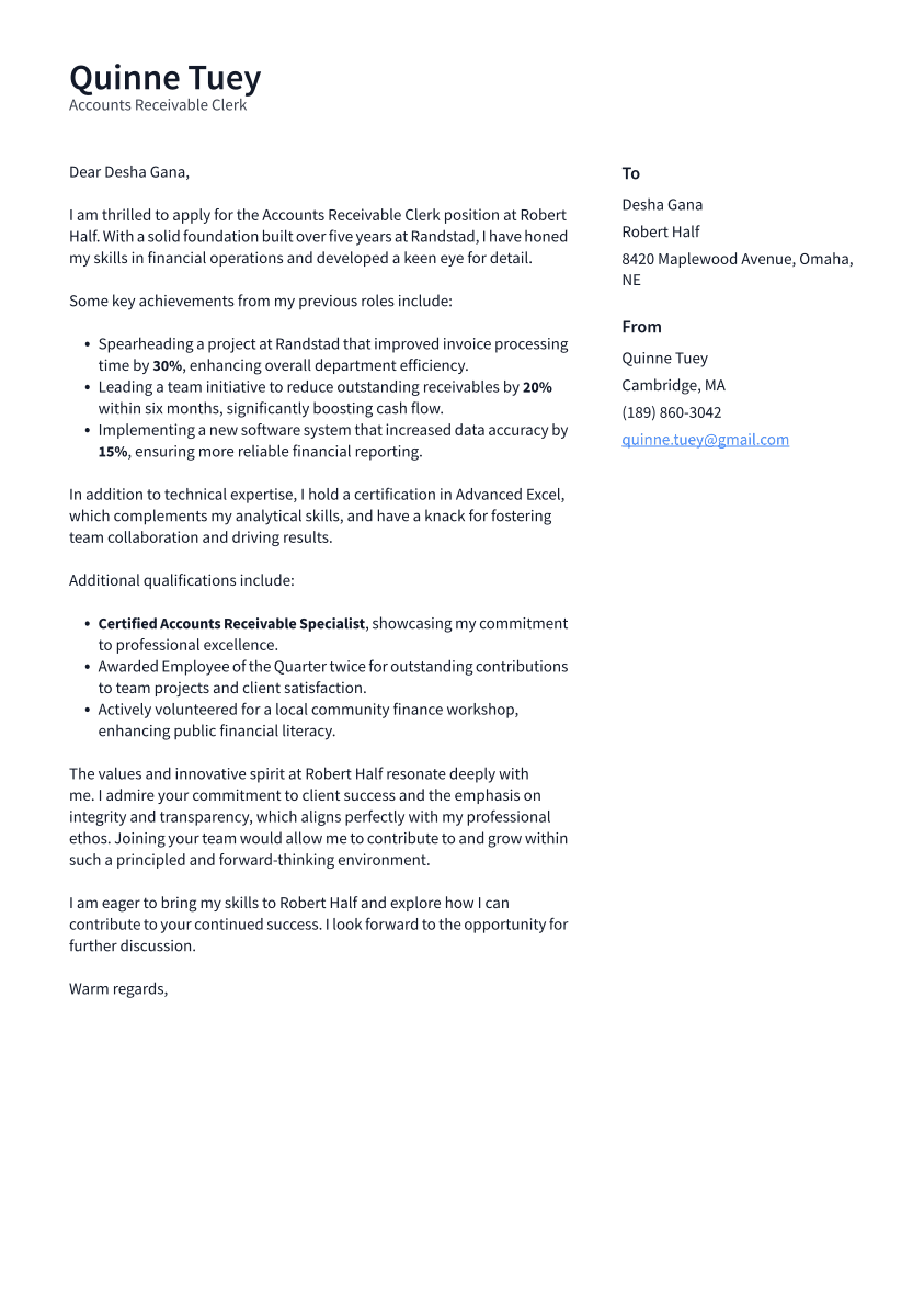 Accounts Receivable Clerk Cover Letter Example