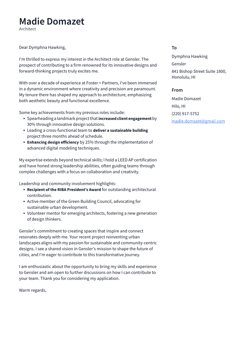 Architect Cover Letter Example