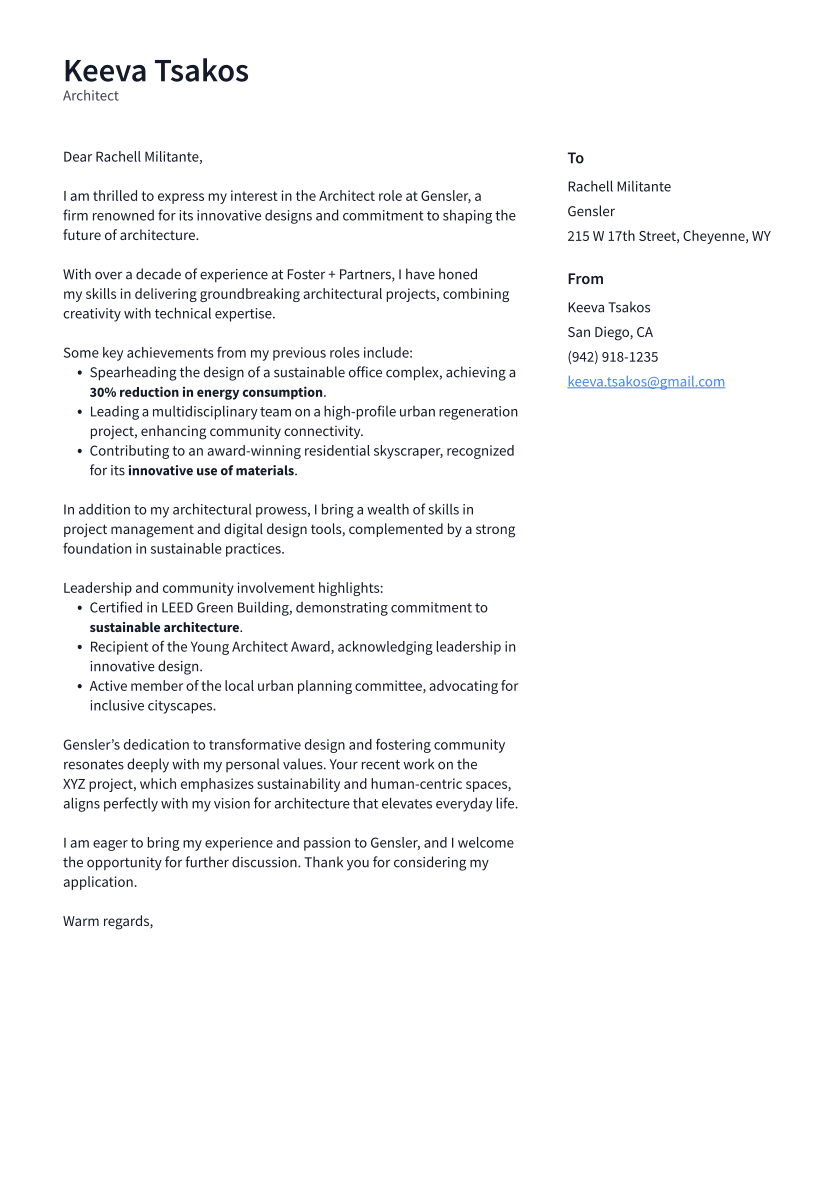 Architect Cover Letter Example