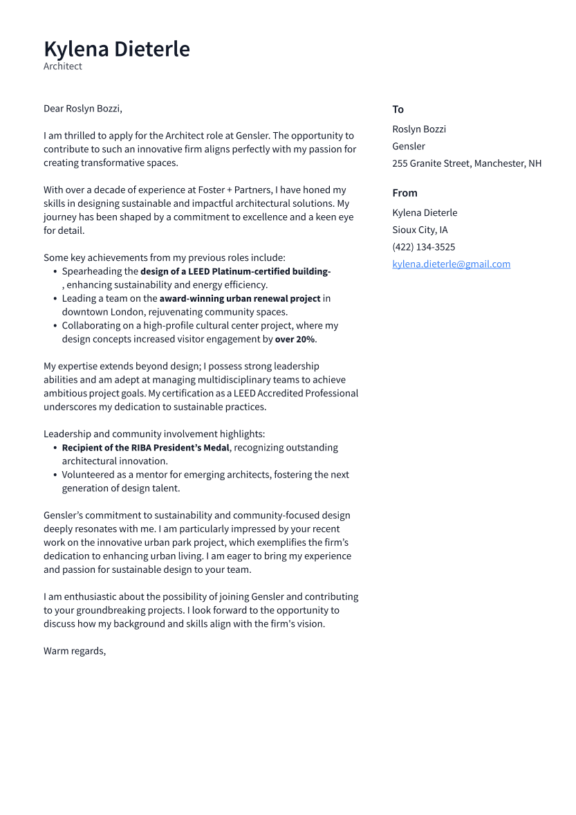 Architect Cover Letter Example