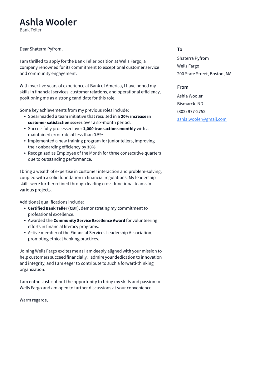 Bank Teller Cover Letter Example