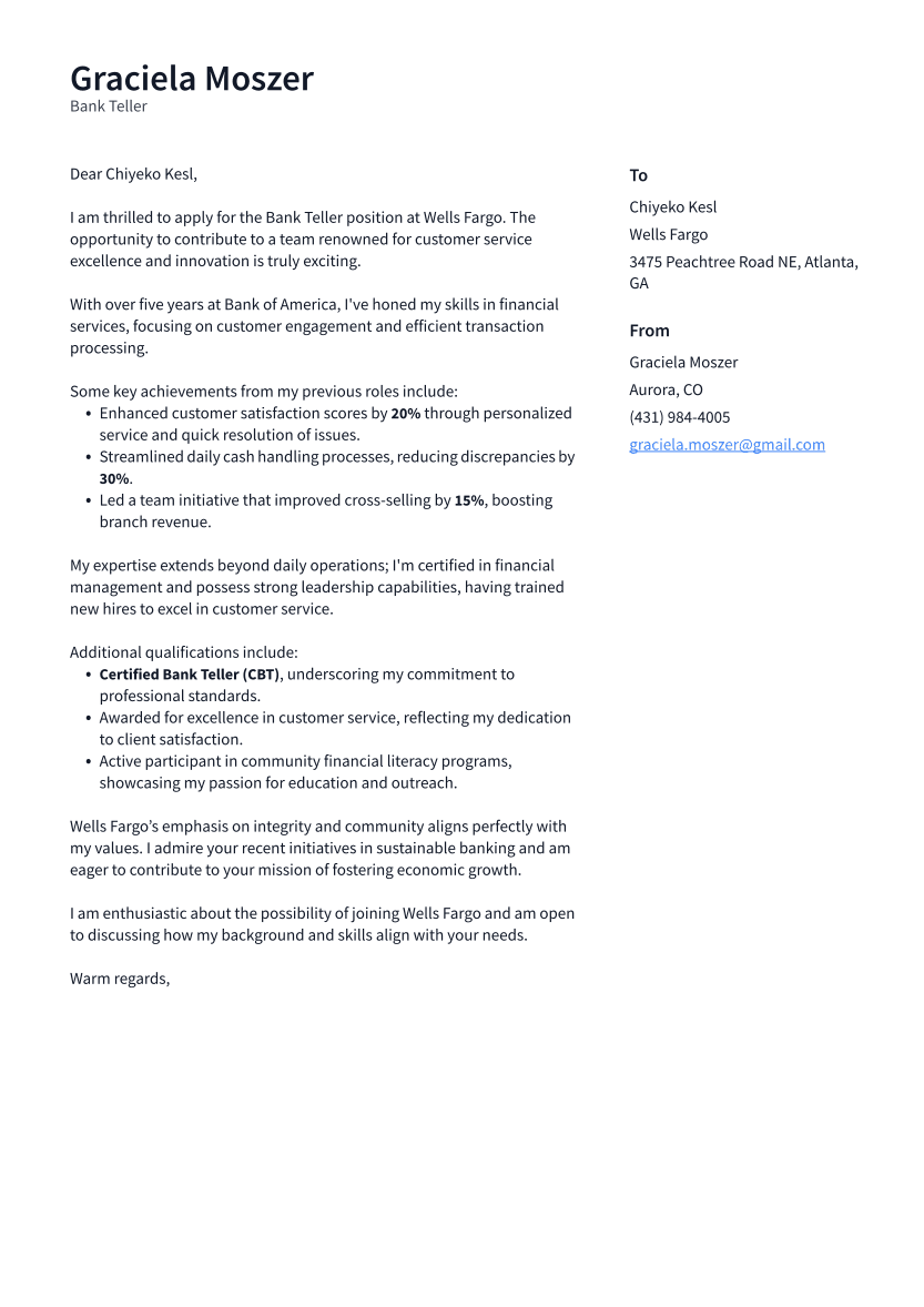 Bank Teller Cover Letter Example