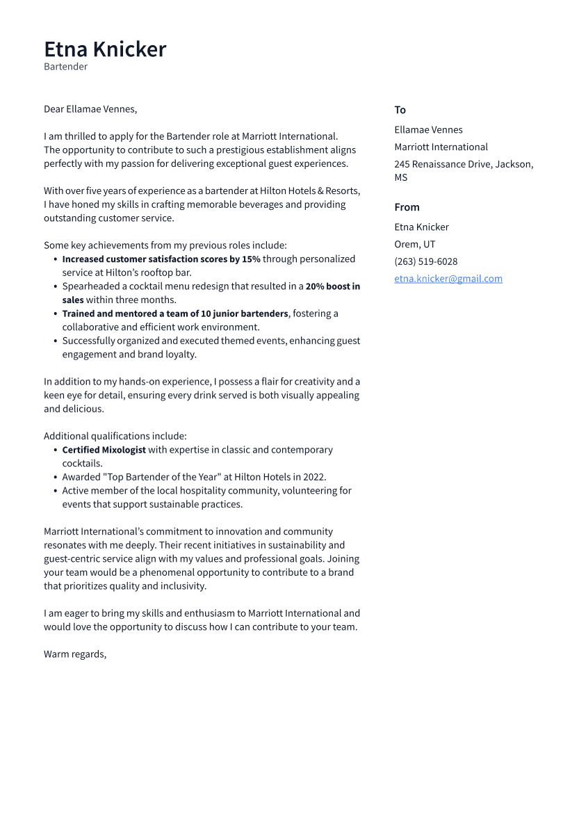 Bartender Cover Letter Example