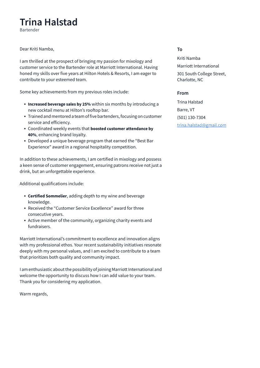 Bartender Cover Letter Example
