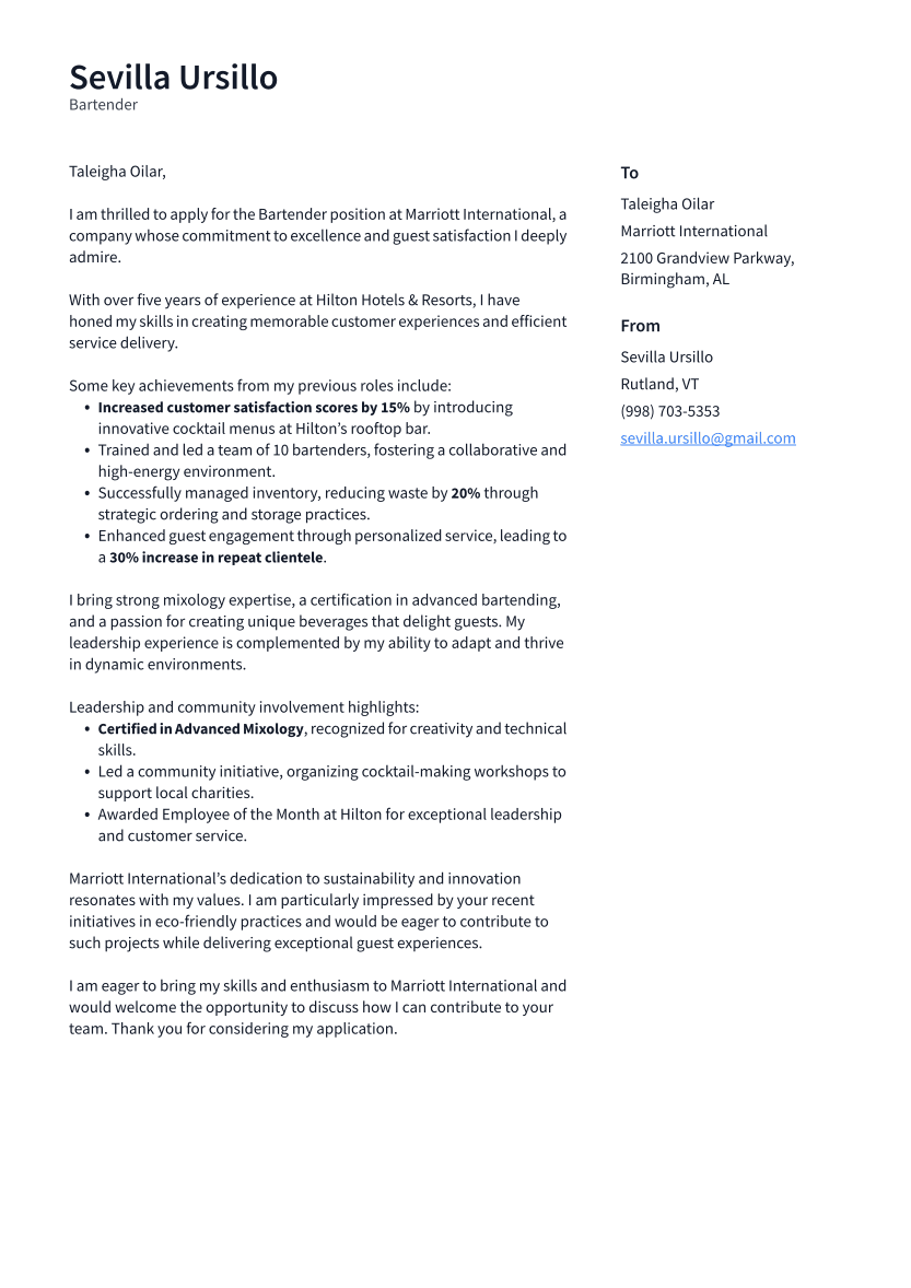 Bartender Cover Letter Example