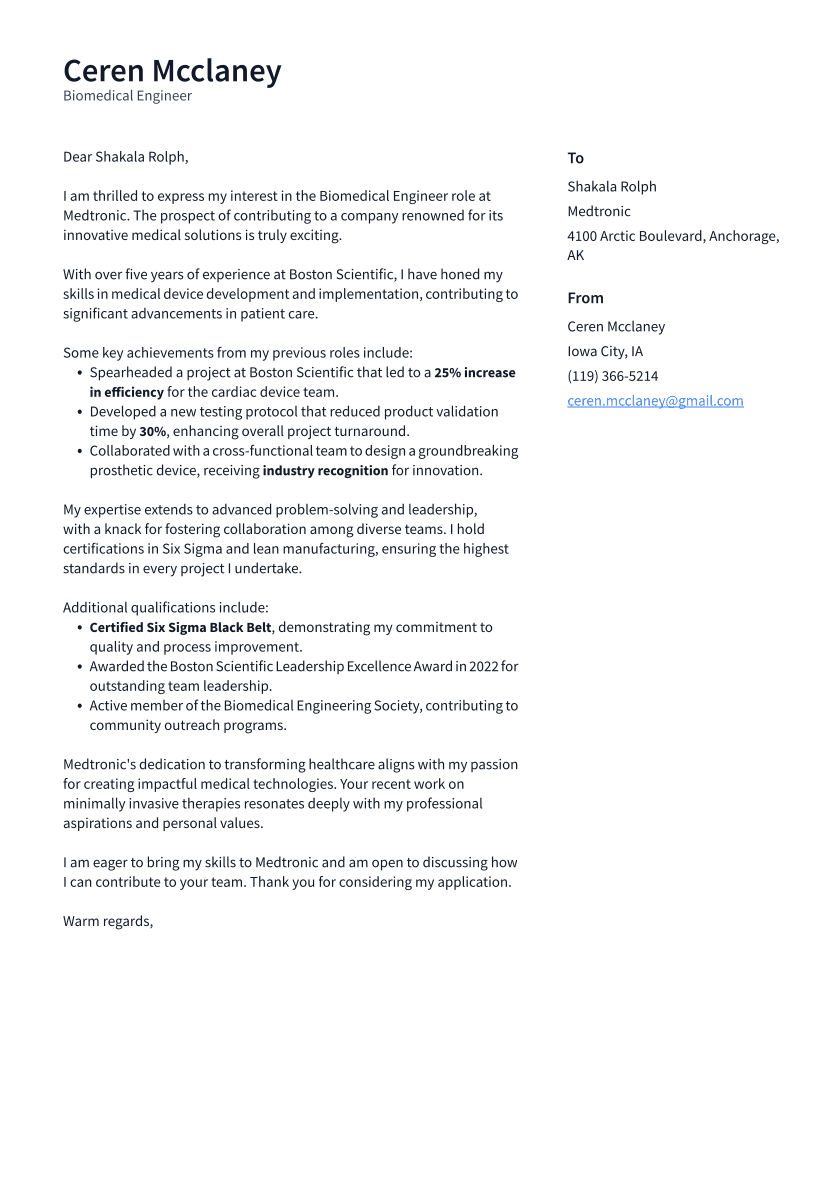 Biomedical Engineer Cover Letter Example