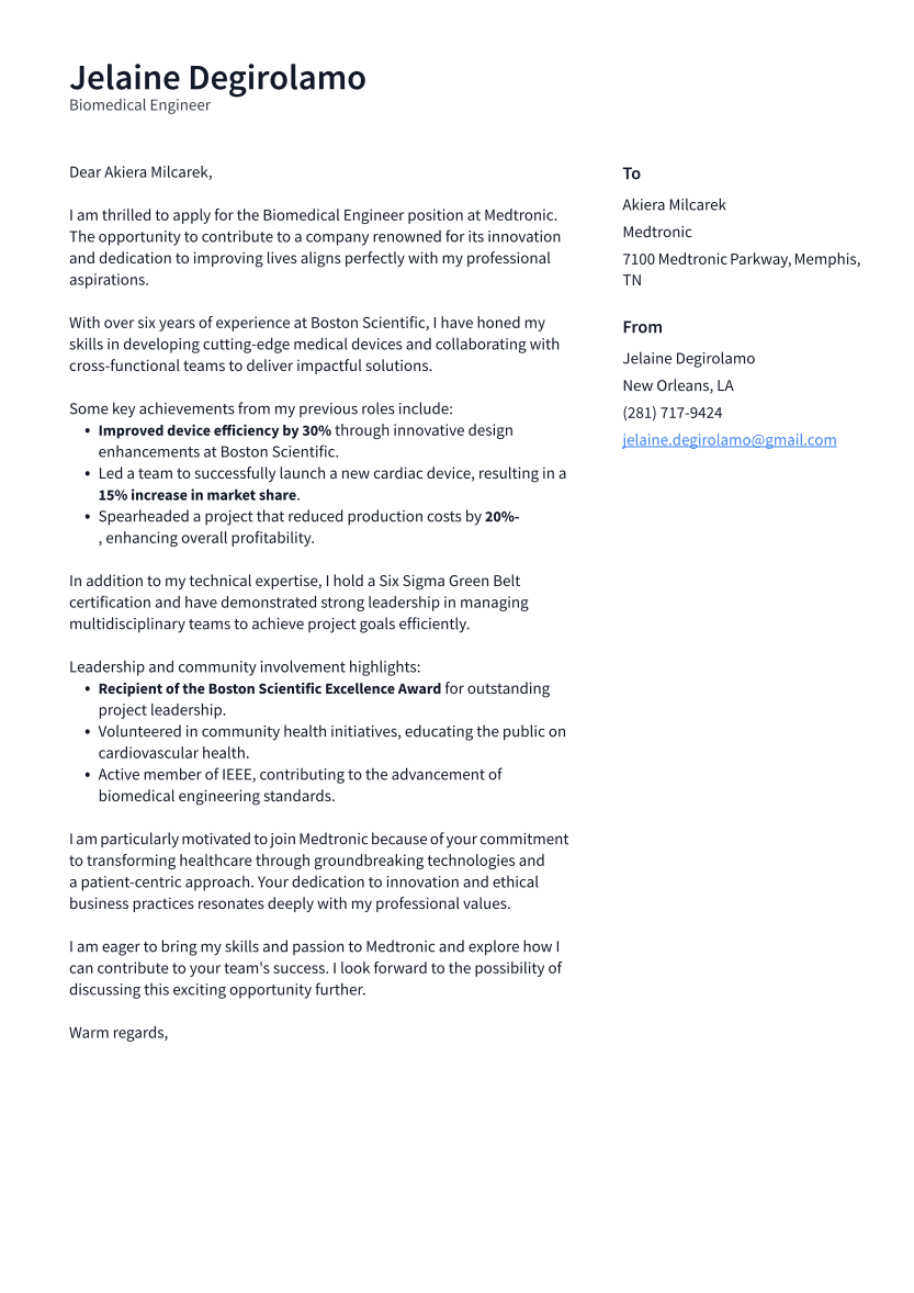 Biomedical Engineer Cover Letter Example