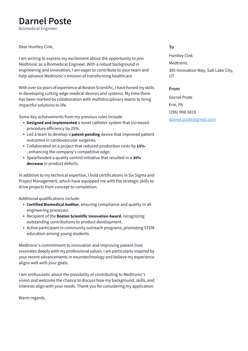 Biomedical Engineer Cover Letter Example