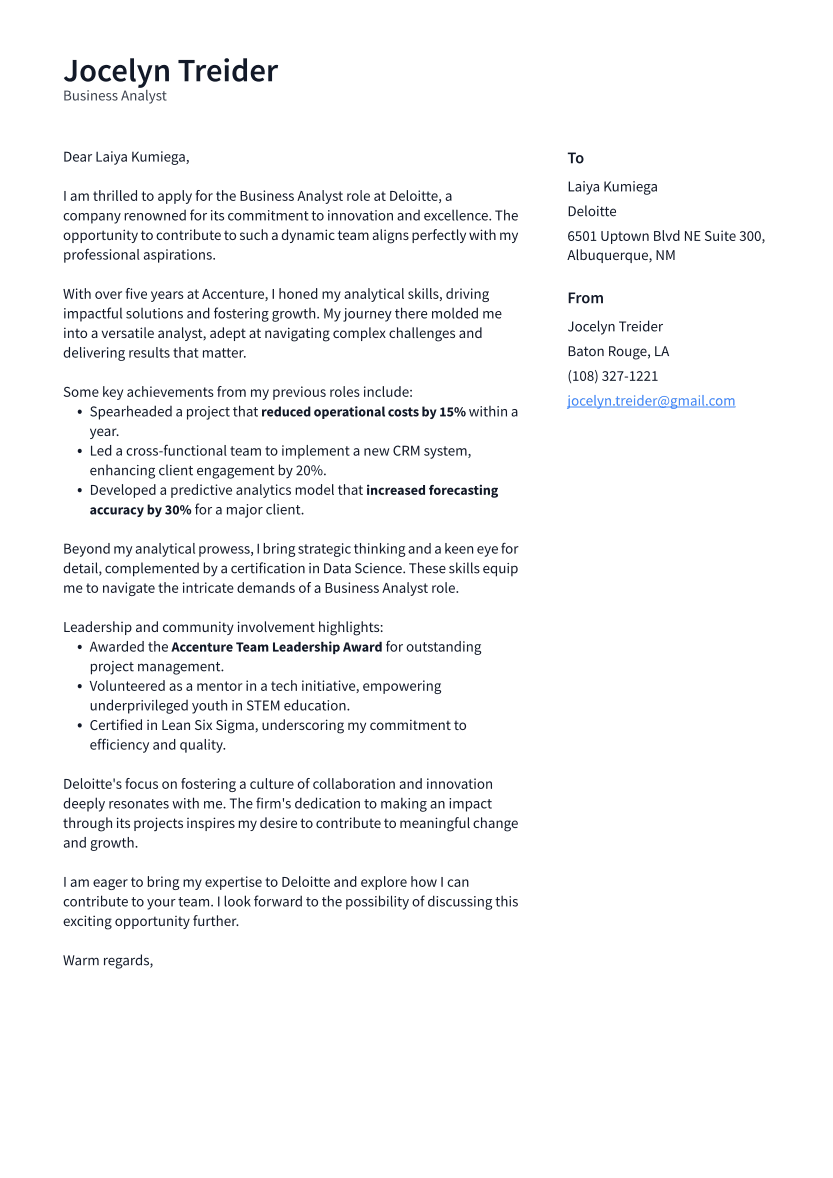 Business Analyst Cover Letter Example