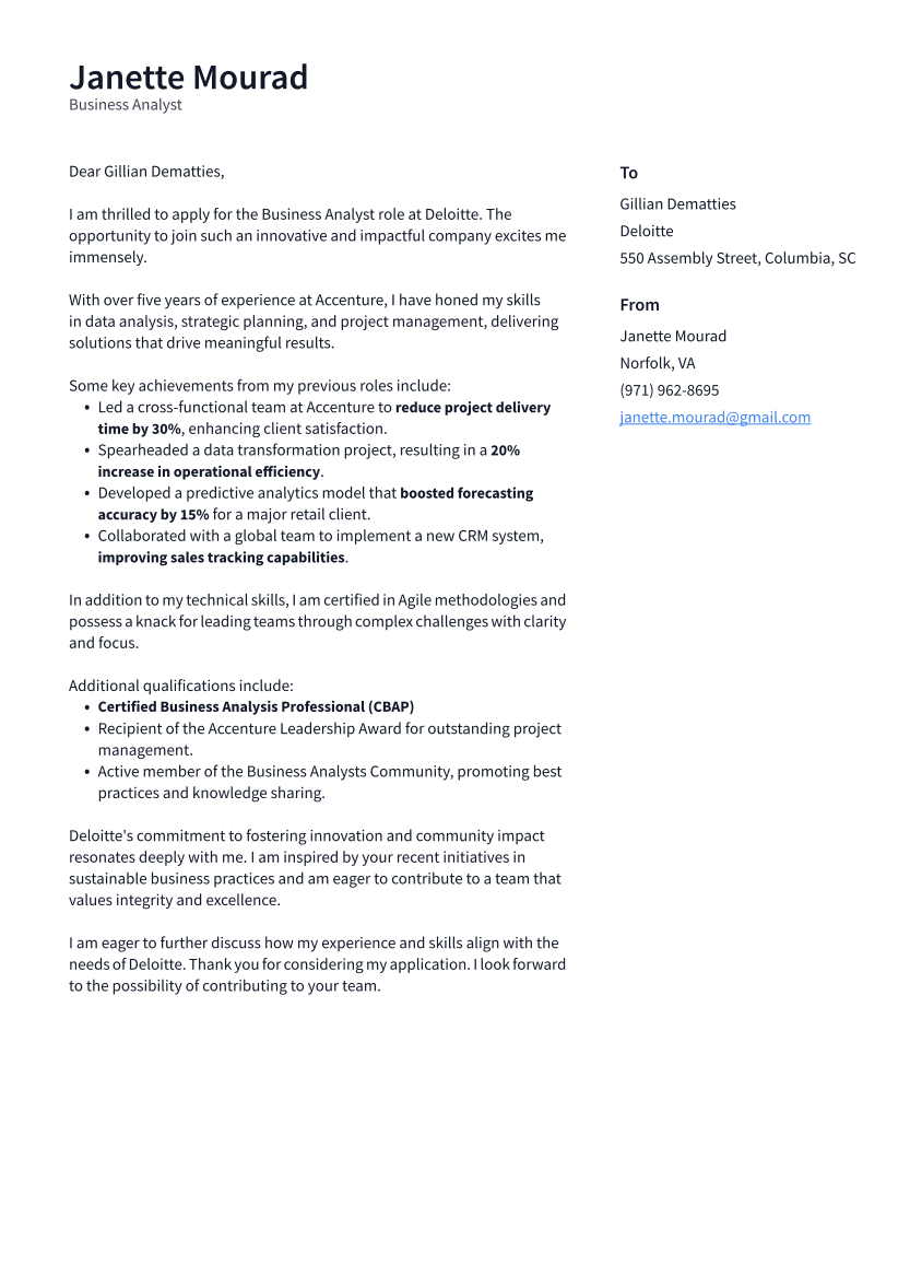 Business Analyst Cover Letter Example