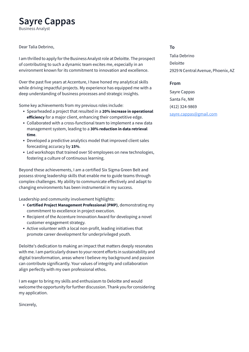 Business Analyst Cover Letter Example