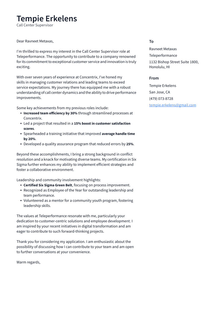 Call Center Supervisor Cover Letter Example
