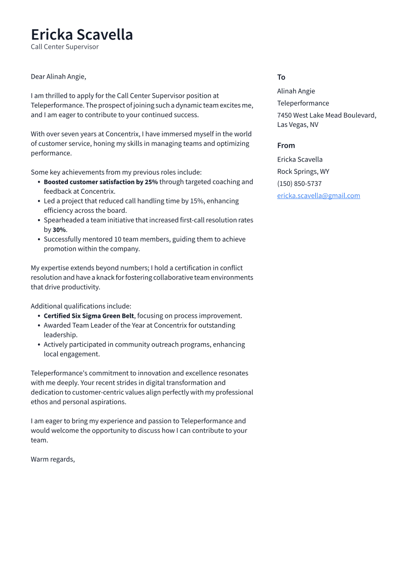 Call Center Supervisor Cover Letter Example