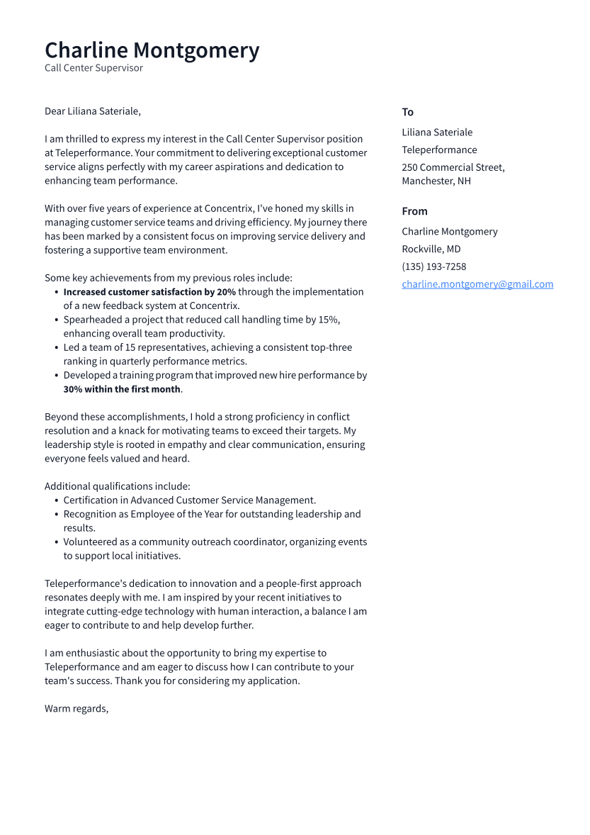 Call Center Supervisor Cover Letter Example