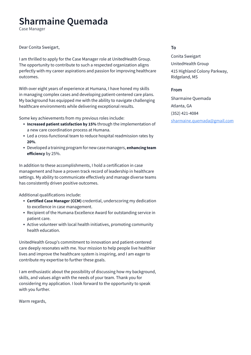 Case Manager Cover Letter Example
