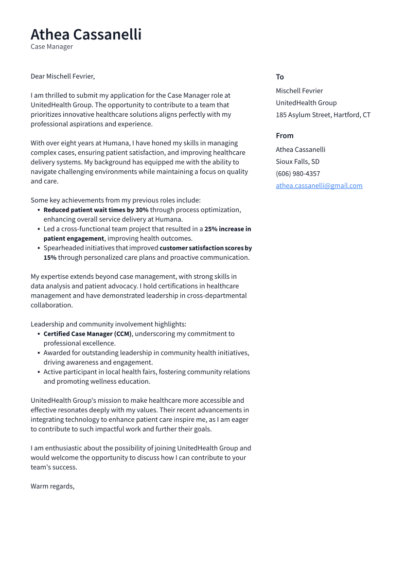 Case Manager Cover Letter Example