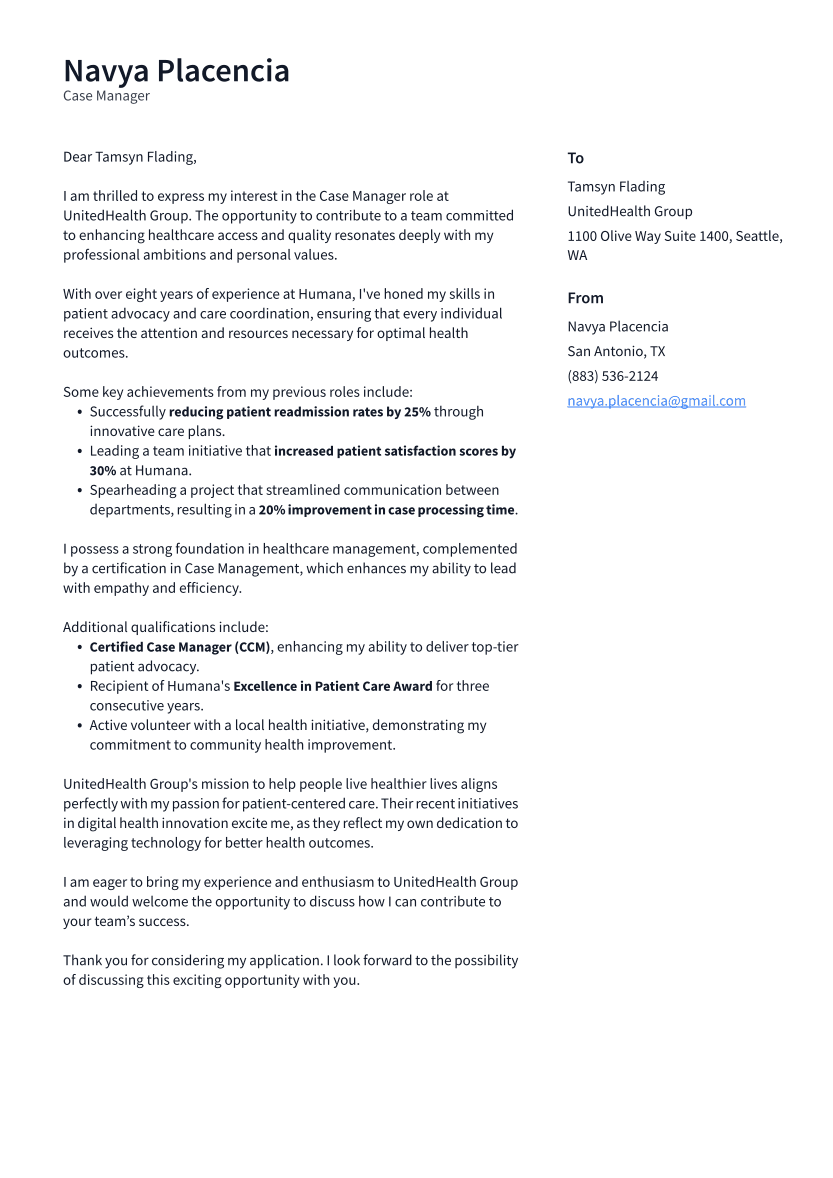 Case Manager Cover Letter Example