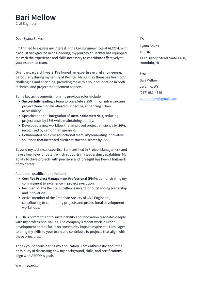 Civil Engineer Cover Letter Example