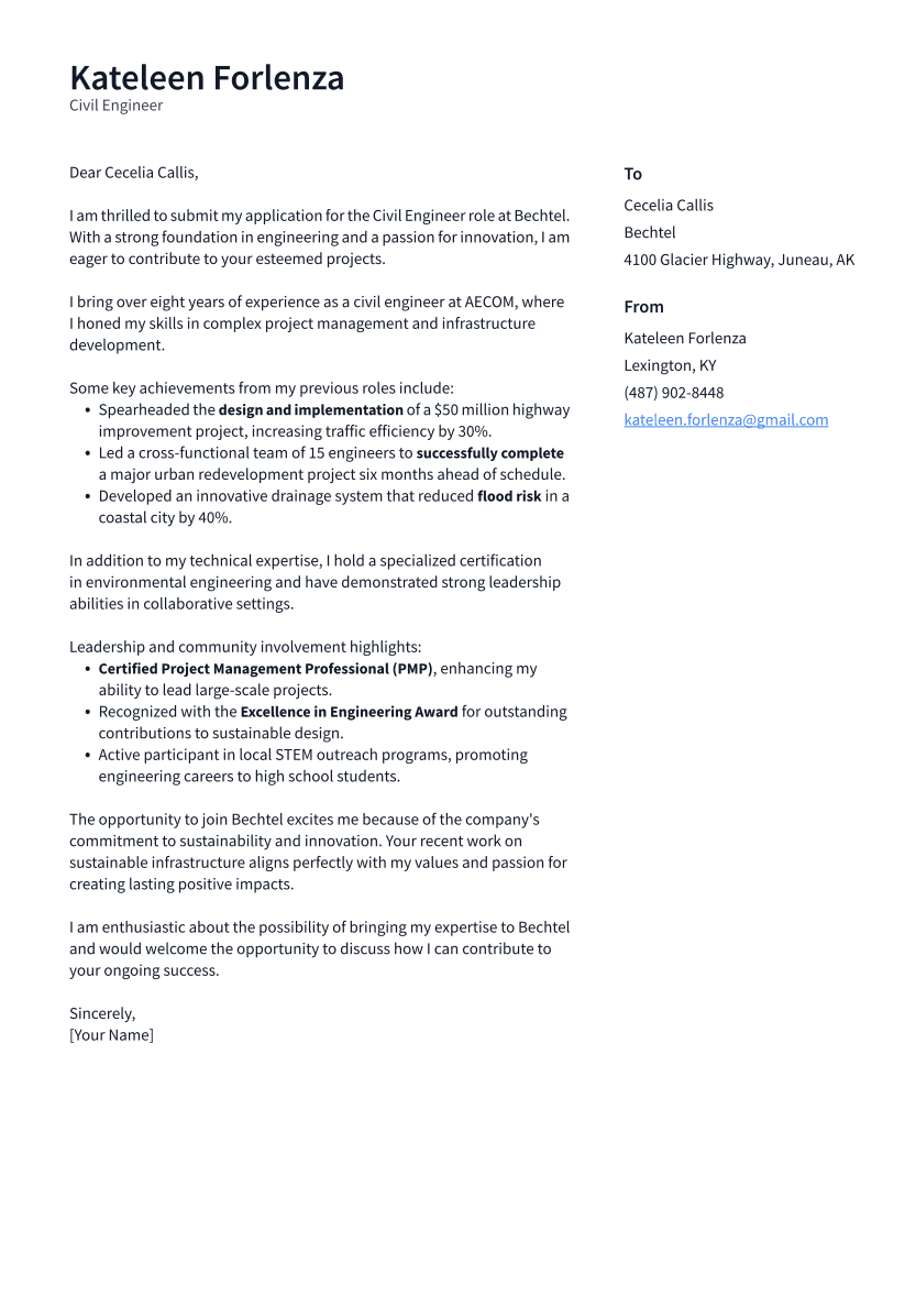 Civil Engineer Cover Letter Example
