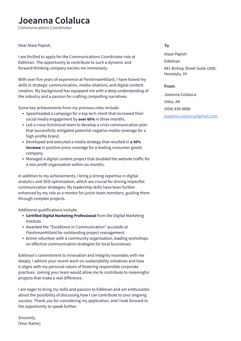 Communications Coordinator Cover Letter Example
