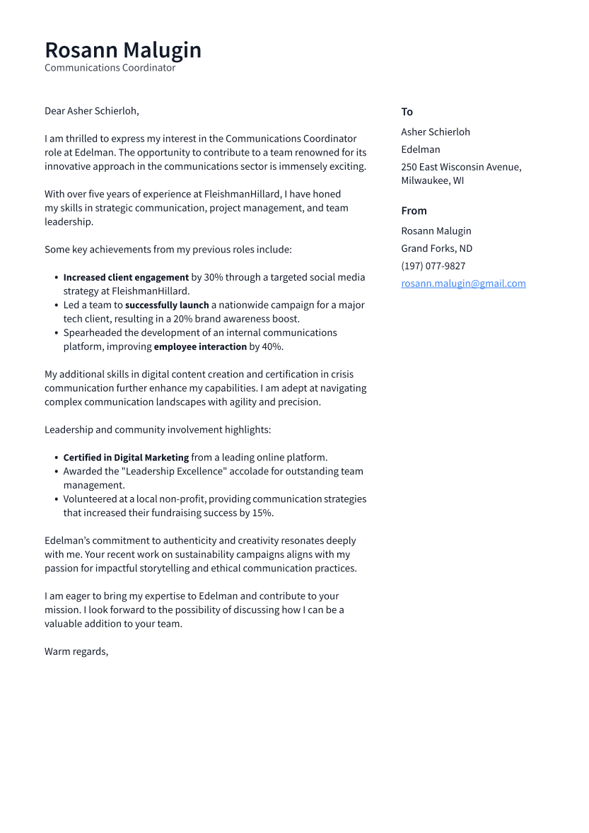 Communications Coordinator Cover Letter Example