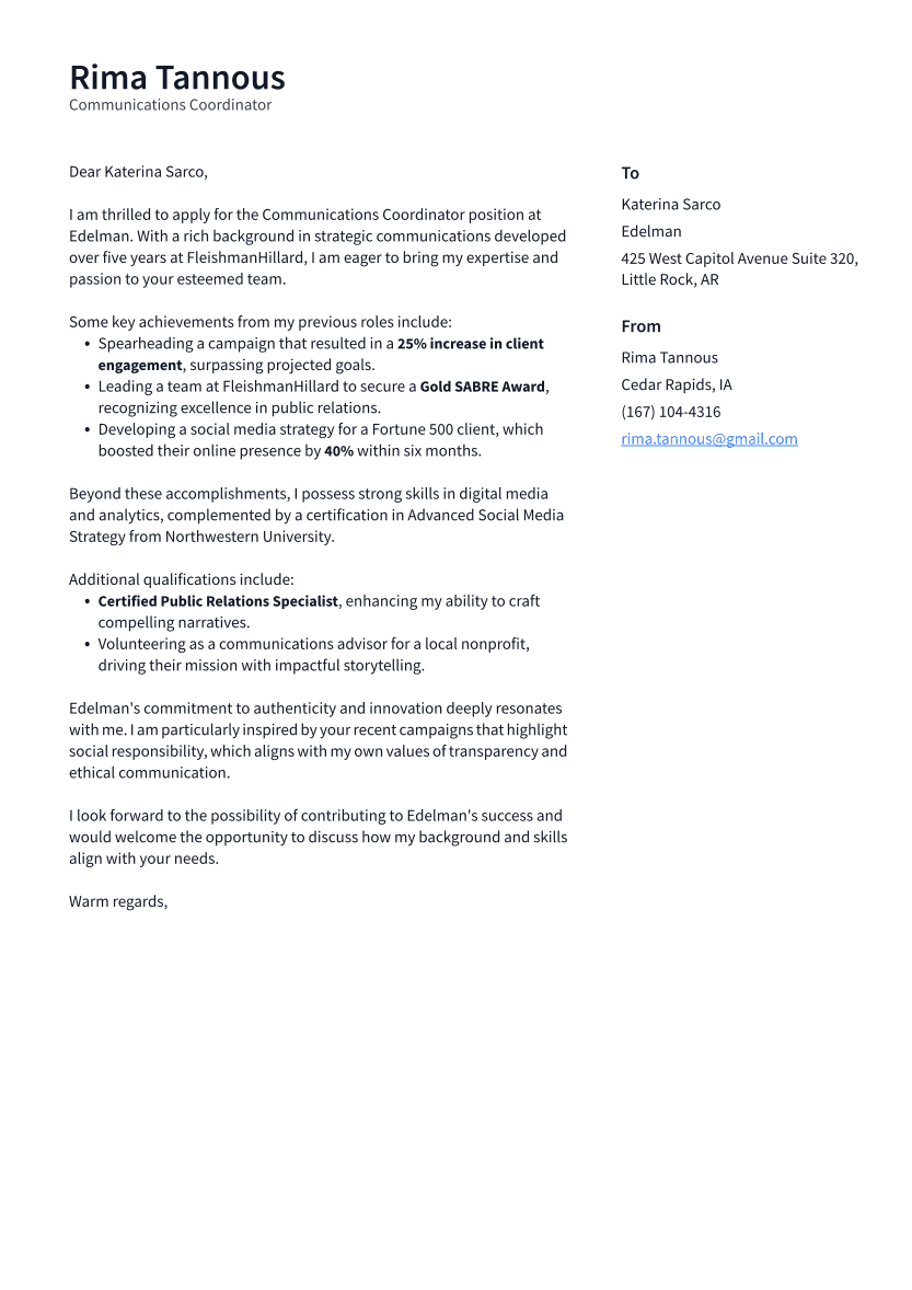 Communications Coordinator Cover Letter Example