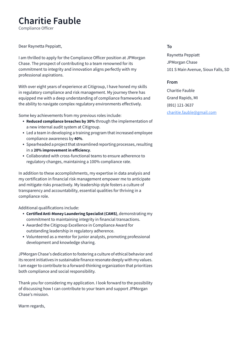 Compliance Officer Cover Letter Example