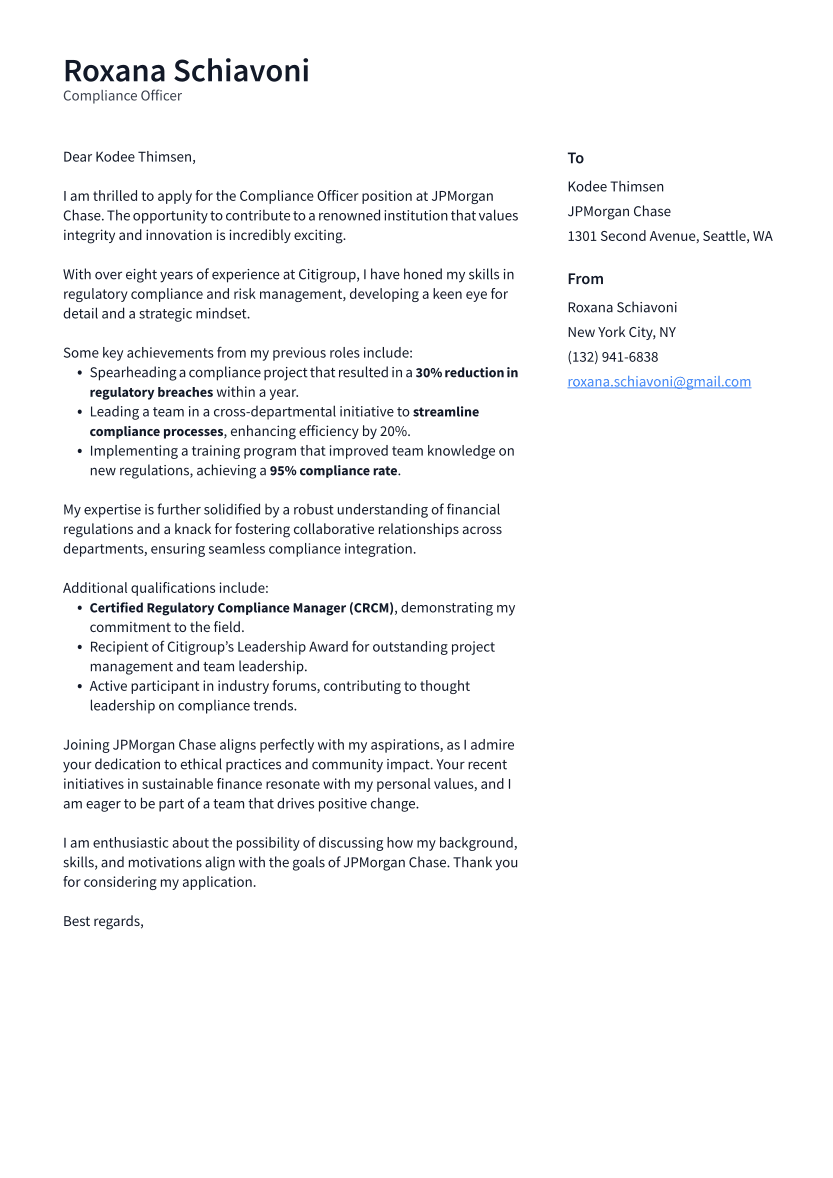 Compliance Officer Cover Letter Example