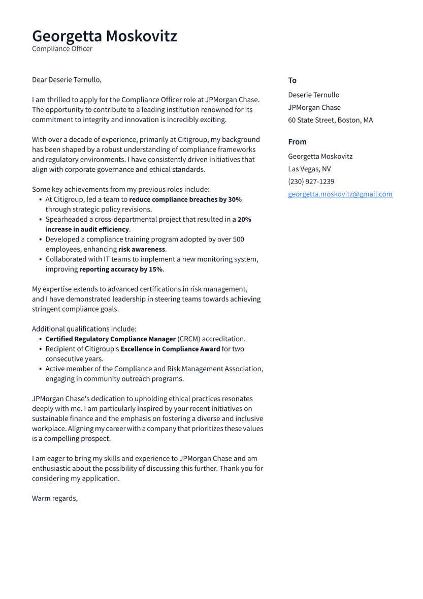 Compliance Officer Cover Letter Example