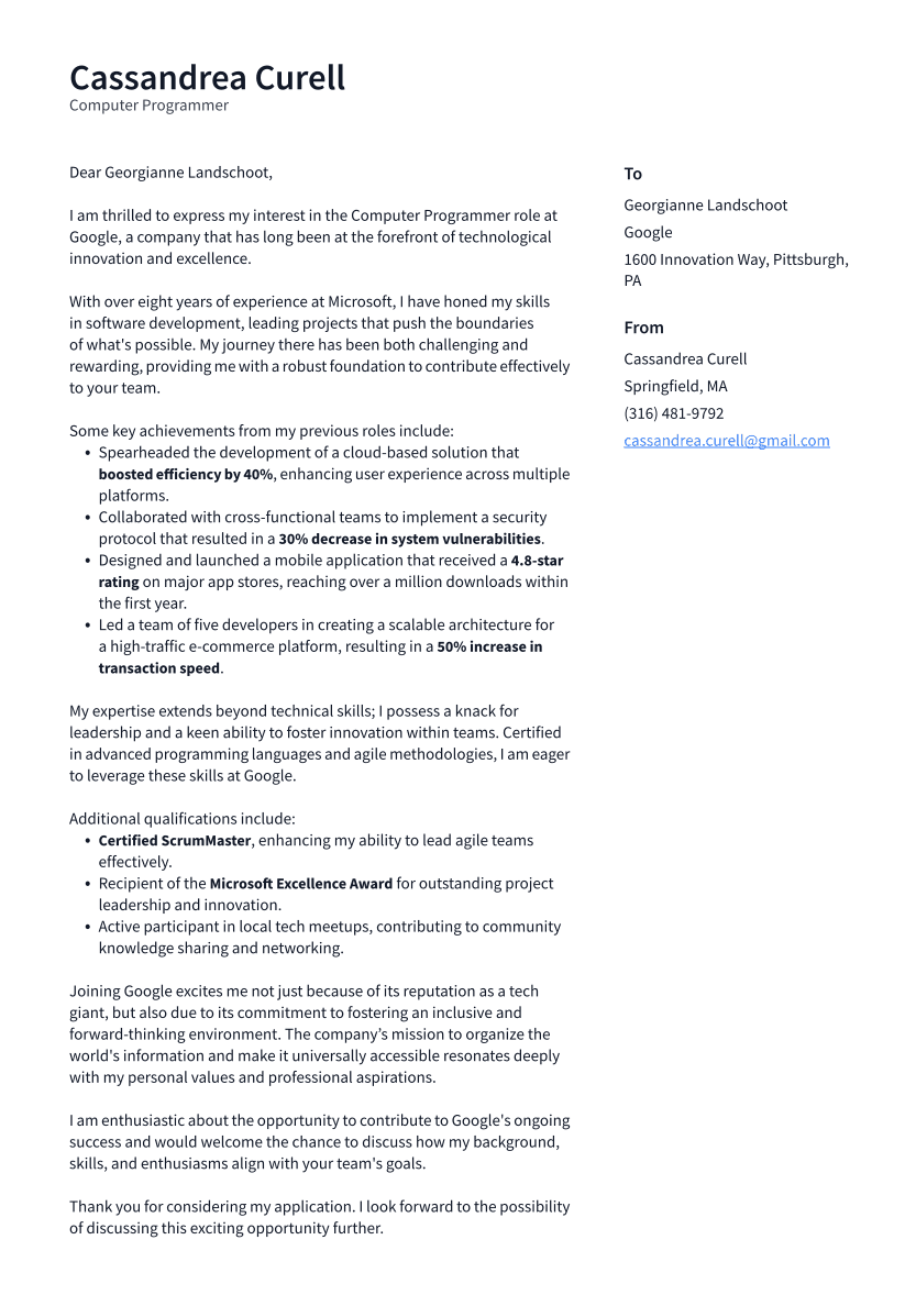 Computer Programmer Cover Letter Example