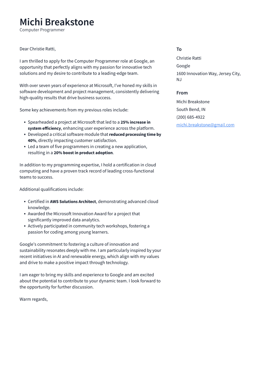 Computer Programmer Cover Letter Example