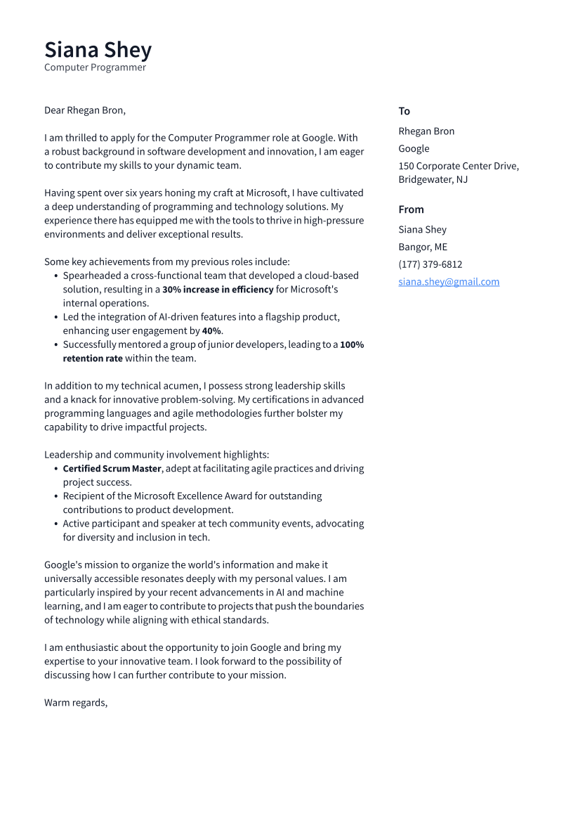 Computer Programmer Cover Letter Example