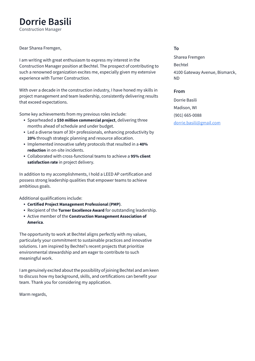 Construction Manager Cover Letter Example