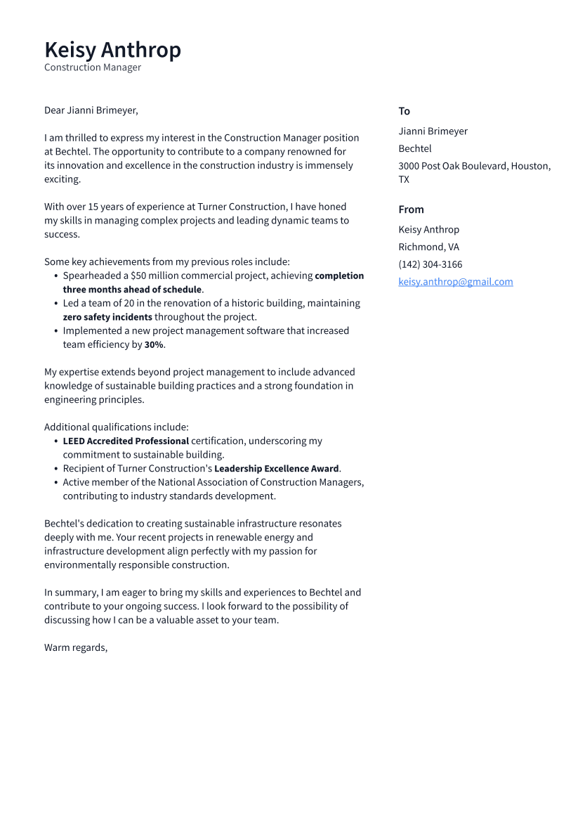 Construction Manager Cover Letter Example