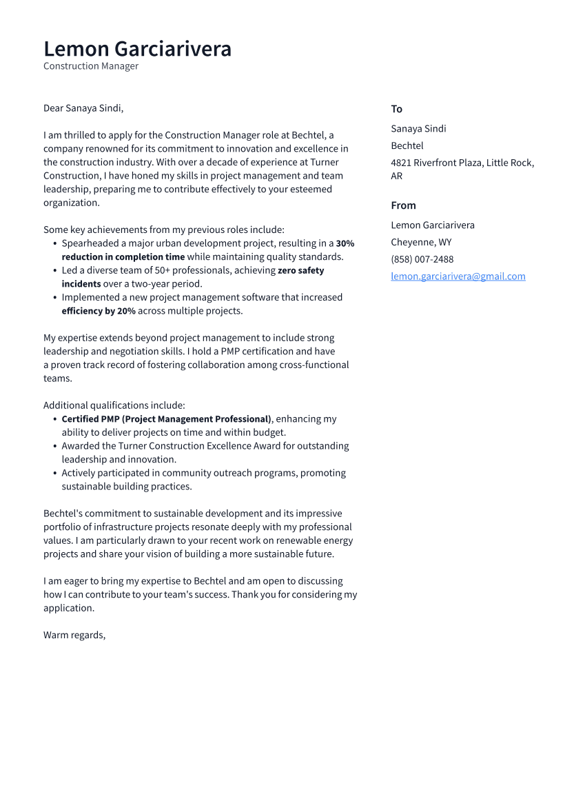 Construction Manager Cover Letter Example