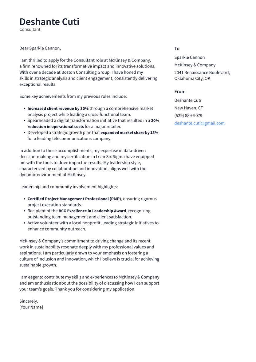 Consultant Cover Letter Example