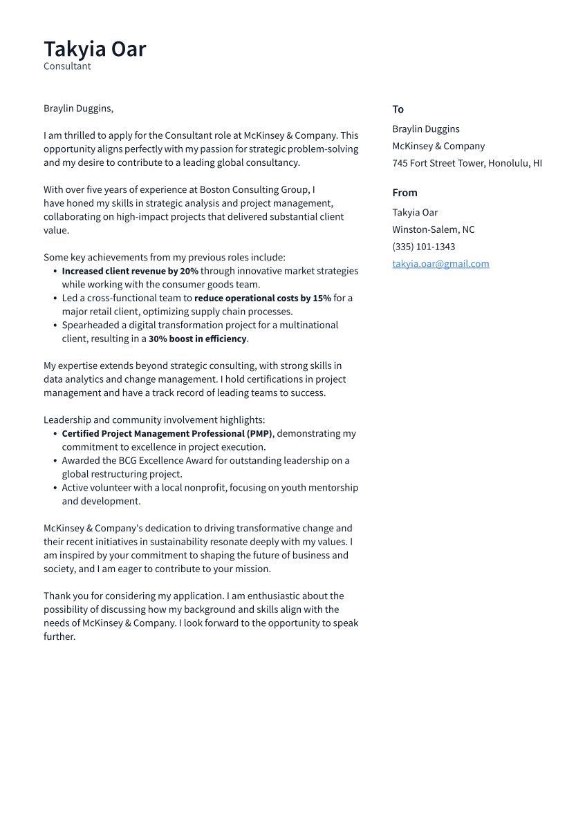 Consultant Cover Letter Example