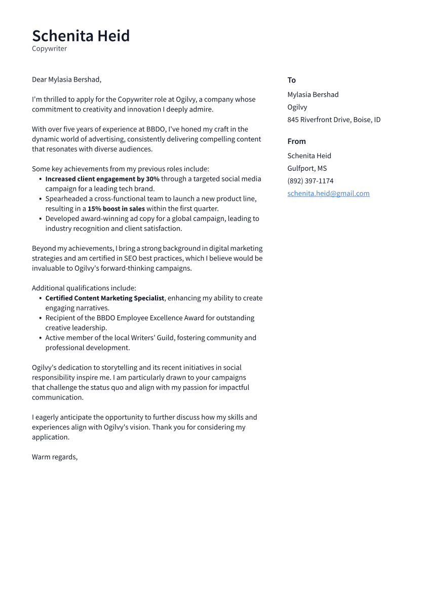 Copywriter Cover Letter Example