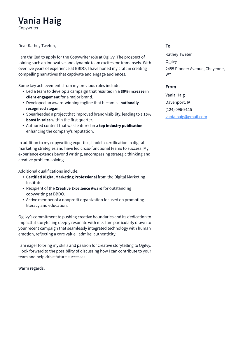 Copywriter Cover Letter Example