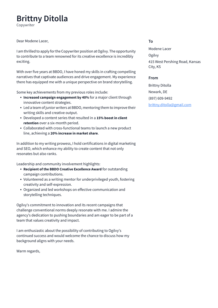 Copywriter Cover Letter Example